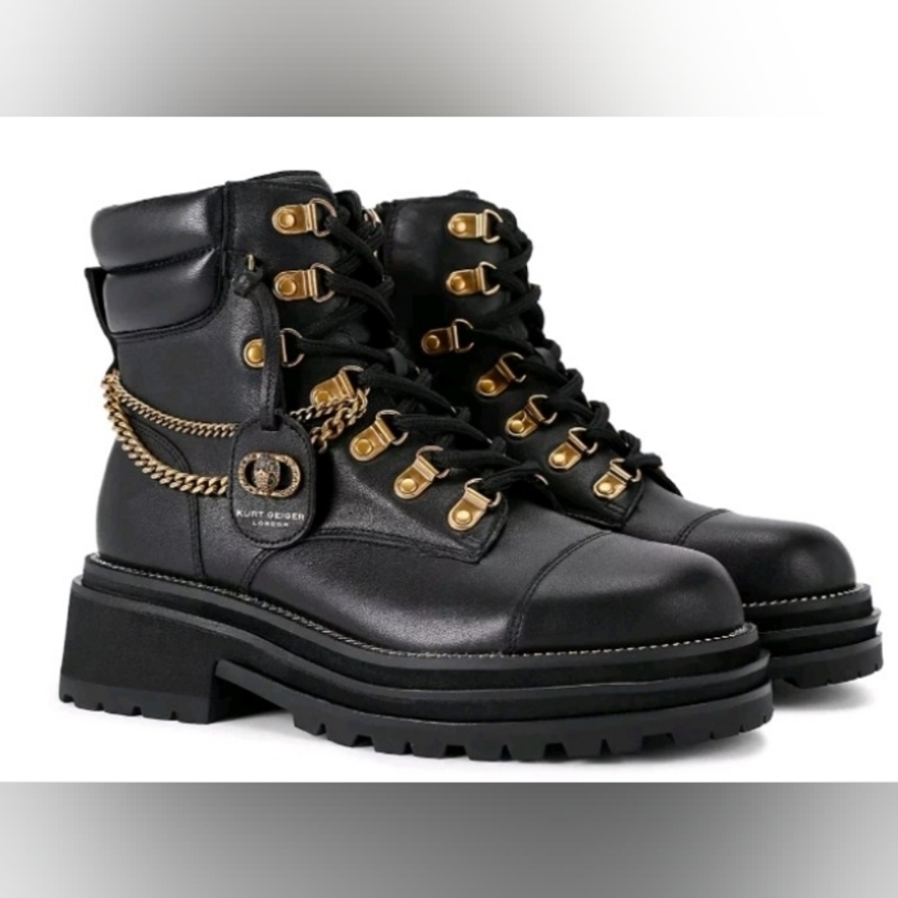 Kurt Geiger Combat Grunge Whimsigoth Black Leather Ankle Boot 6.5 (36.5) New - Picture 2 of 13